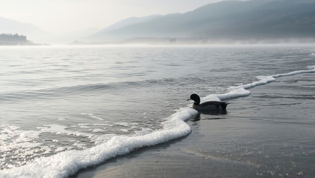 Common coot on a frozen lake surface in winter, illustrating waterfowl adaptation to seasonal changes