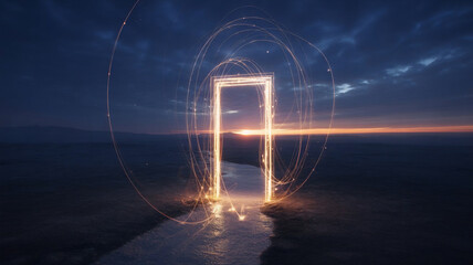A luminous doorway made of swirling light particles opening in a dark landscape representing transition into the new year ethereal magical theme