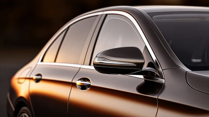 Fototapeta premium A black car with a chrome trim and a chrome grille. The car is parked on a street