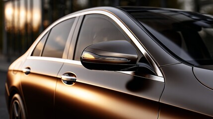 Obraz premium A black car with a shiny chrome trim and a bright yellow light on the side. The car is parked on a street at dusk