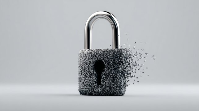 A silver lock with a keyhole missing. The lock is broken into pieces. Concept of vulnerability and insecurity - Powered by Adobe