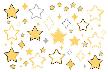 A set of stars of different shapes and sizes, classic five-pointed stars, glitter, outline and filled stars, isolated on a white background