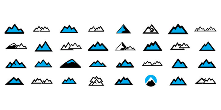 Minimalist mountain range icons in blue and black on white background