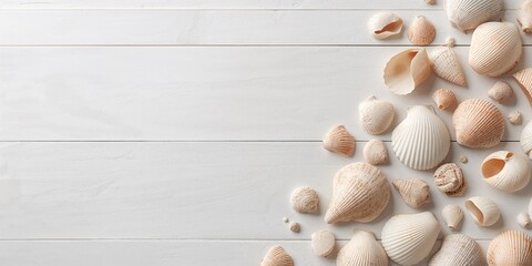 Seashells arranged on a white wooden surface, suitable as a background for text or layout, Earth Day