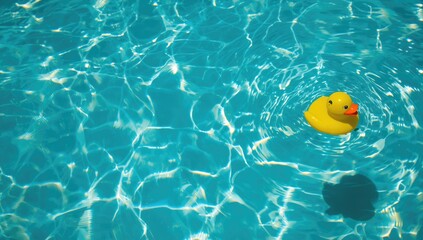 Rubber ducks in a swimming pool, highlighting children's recreational toys, summer season, World Children's Day