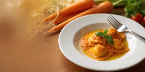 Pumpkin ravioli with visible filling and pasta texture, suitable for fall flavor profile