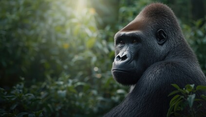 Fototapeta premium Primate headshot of a mountain gorilla in natural habitat, focusing on facial features and environmental preservation