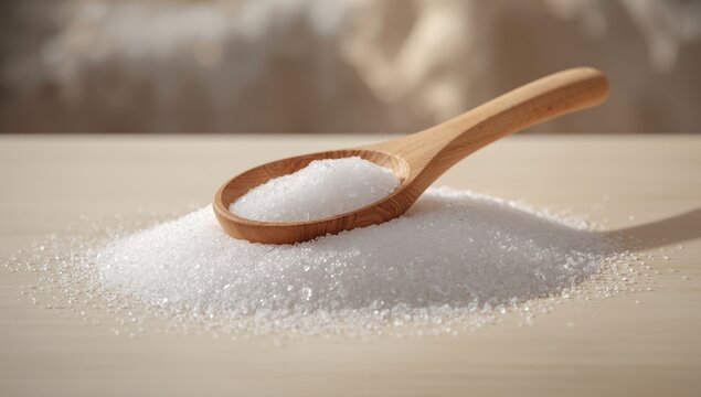 Wooden spoon with dextrose sugar on a heap of sugar, illustrating ingredient handling in food preparation, World Food Day