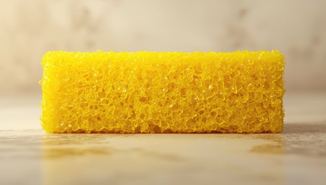 Full depth of field shot of a yellow sponge with heterogeneous surface for kitchen cleaning tasks, highlighting maintenance practices
