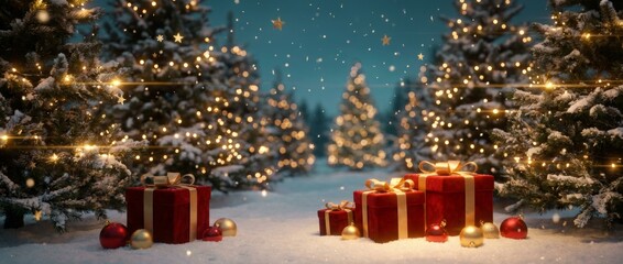 Red velvet gift boxes with gold ribbons and baubles sit in the snow in a magical winter forest with glowing Christmas trees and falling snowflakes at night