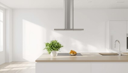 Bright kitchen setting featuring a white color scheme, stainless steel range hood, and a small plant on wooden surface, suitable for layout planning