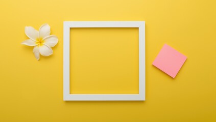 Flat lay of a minimalist photo frame, spa flower, and sticky note on yellow background, suitable for visual organization