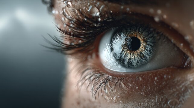 A woman's eye is wet and blurry. The eye is surrounded by a blurry frame, which emphasizes the eye's shape and color