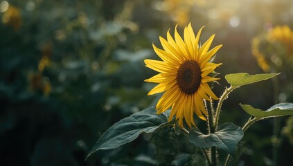 A sunflower flowering in a garden setting, ideal for seasonal decoration or nature-themed design