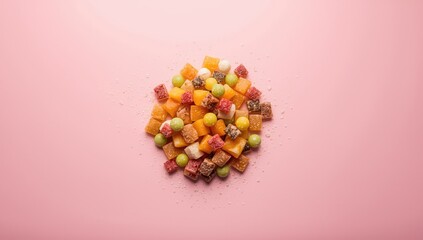 Fototapeta premium Assorted candies with bright hues on pink backdrop, Ramadan sweets, dessert presentation