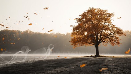 A landscape of colorful leaves drifting in the wind, highlighting fall weather patterns