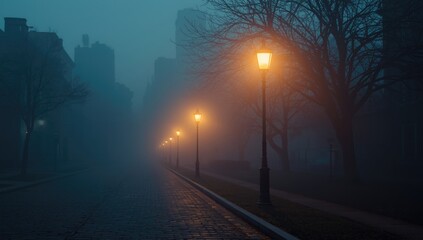Streetlights casting a warm hue over a misty urban environment during dusk, highlighting nighttime lighting conditions