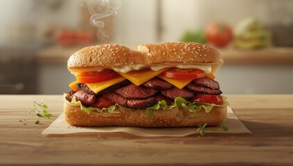 Beef sandwich with peppers, lettuce, and cheese, designed for quick meal preparation