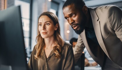 Two diverse business professionals, a woman and a man, collaborating on a project, looking intently at a computer monitor in a modern corporate office with a focused expression