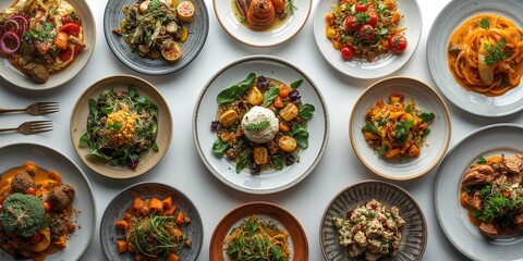 Variety of wholesome meals displayed overhead on a white surface, suitable for dietary planning
