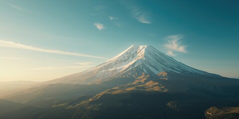 Snow-covered mountain under clear blue sky, highlighting winter landscape and nature's beauty