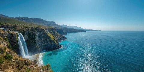 Obraz premium Darbat Falls in Dhofar Governorate, Oman, featuring flowing water and lush greenery in a scenic setting