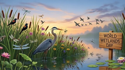 A serene wetland scene with a heron, flowers, and a world wetlands day sign at sunset with birds flying