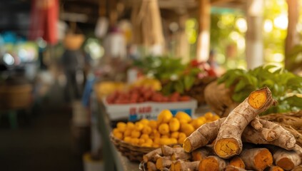Turmeric root arranged for sale at market stall, highlighting its role in traditional cooking
