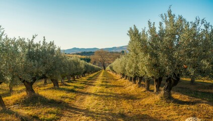 Obraz premium Olive trees in a Mediterranean farm setting, cultivated for natural oil extraction, focusing on sustainable agriculture practices