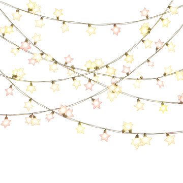 Glowing star string lights isolated on transparent background