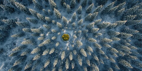 High-angle shot of icy conifer crowns creating a repetitive natural texture, suitable for background design
