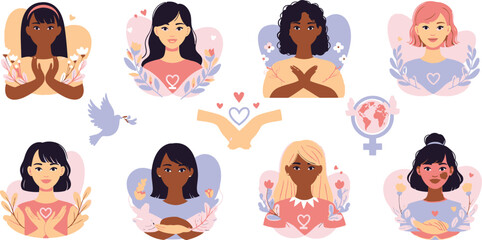 Diverse Women Meditating with Hearts and Peace Symbols meditation multicultural