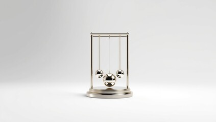 3D Newton Cradle mock-up with reflective spheres on a white backdrop, suitable for educational physics content