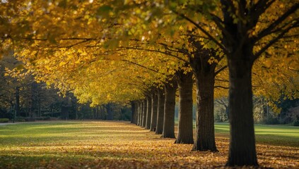 Row of autumn trees with yellow foliage, emphasizing seasonal transition, Earth Day