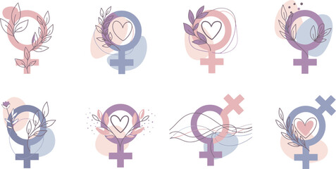 Fototapeta premium Eight Flat Color Gender Symbols with Hearts and Crossed Out Variations