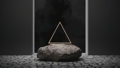 Black geometric pattern with a gold triangle frame positioned over a rock, used as a background for design projects