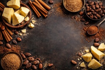 Dark surface overhead composition showing cocoa butter chunks with cinnamon cocoa beans and sugar including copy space