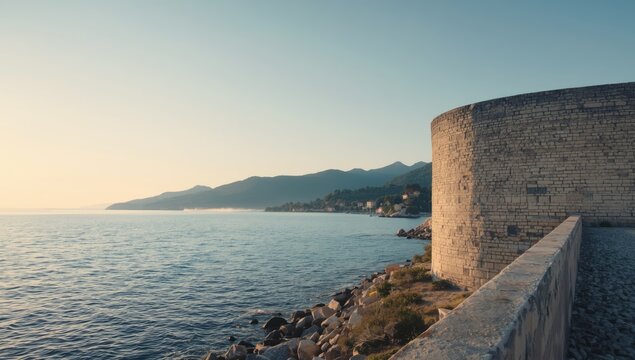 Ostrica's historic wall overlooking Grabastica bay during dawn, highlighting erosion and coastal stability