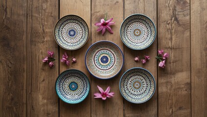 Set of ceramic plates featuring painted dot motifs arranged on a wooden backdrop, ideal for layout or UI backgrounds
