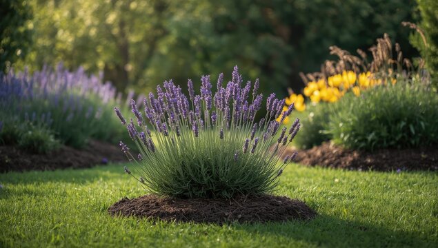 Lavender (Lavendula) in a low maintenance garden setup, highlighting minimal watering and sunny conditions, Earth Day