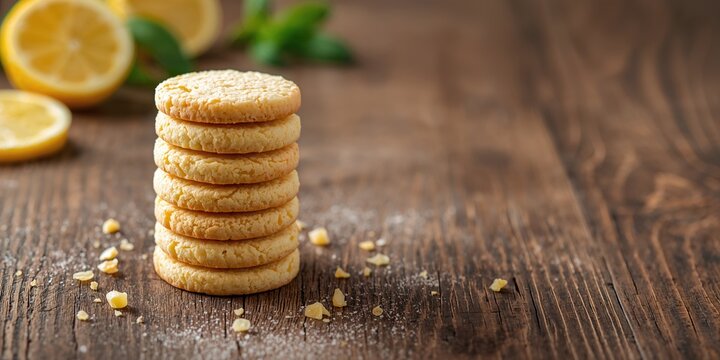 Shortbread sable cookies flavored with lemon and basil, suitable for a baking display or culinary presentation