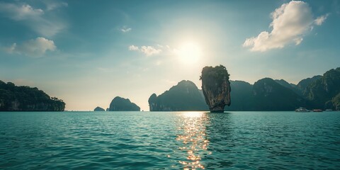 Phang Nga Bay in Thailand, towering limestone cliffs and turquoise sea, highlighting erosion risk and coastal landscape