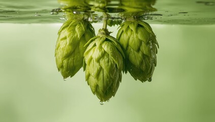Fresh hop cones in water used for brewing beer, highlighting agricultural process and freshness