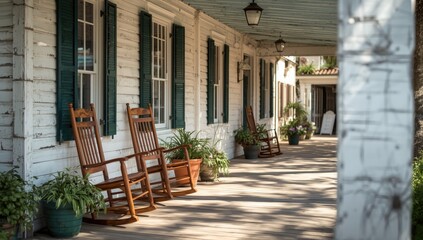 Fototapeta premium Green plants and rocking chairs on an aged white porch, used as a backdrop for casual outdoor gatherings