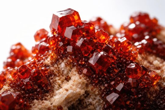 Macro image showing vanadinite mineral clusters with a white background