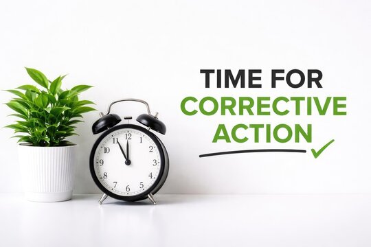 Motivational time for corrective action message featuring black clock and indoor plant on plain white background with copy space