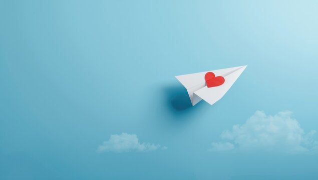 Paper plane featuring a red heart on a blue background, themes of love and connection, World Heart Day - Powered by Adobe