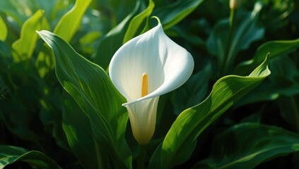 Close-up of calla lily flower showing inflorescence and spathe, suitable for garden aesthetics
