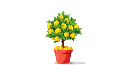 Naklejka premium Lush green cartoon lemon tree with big yellow lemons in a red flower pot, ideal for home gardening or decorative layouts