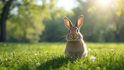 Easter bunny with a cheerful expression sitting on lush grass, emphasizing animal theme for spring celebrations